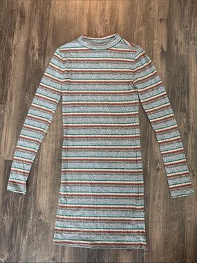 Forever 21 Striped Mock Neck Long Sleeve Dress in Light Blue and Rust